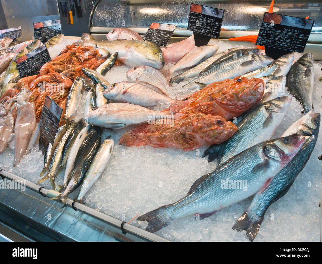 Display of fresh fish and seafood in a supermarket in Malta Stock Photo