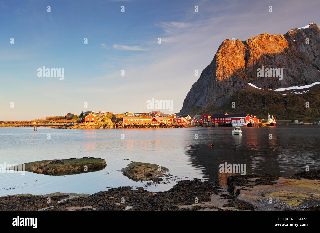 fishing village on the coast of fjord on Lofoten islands in Norway Stock Photo
