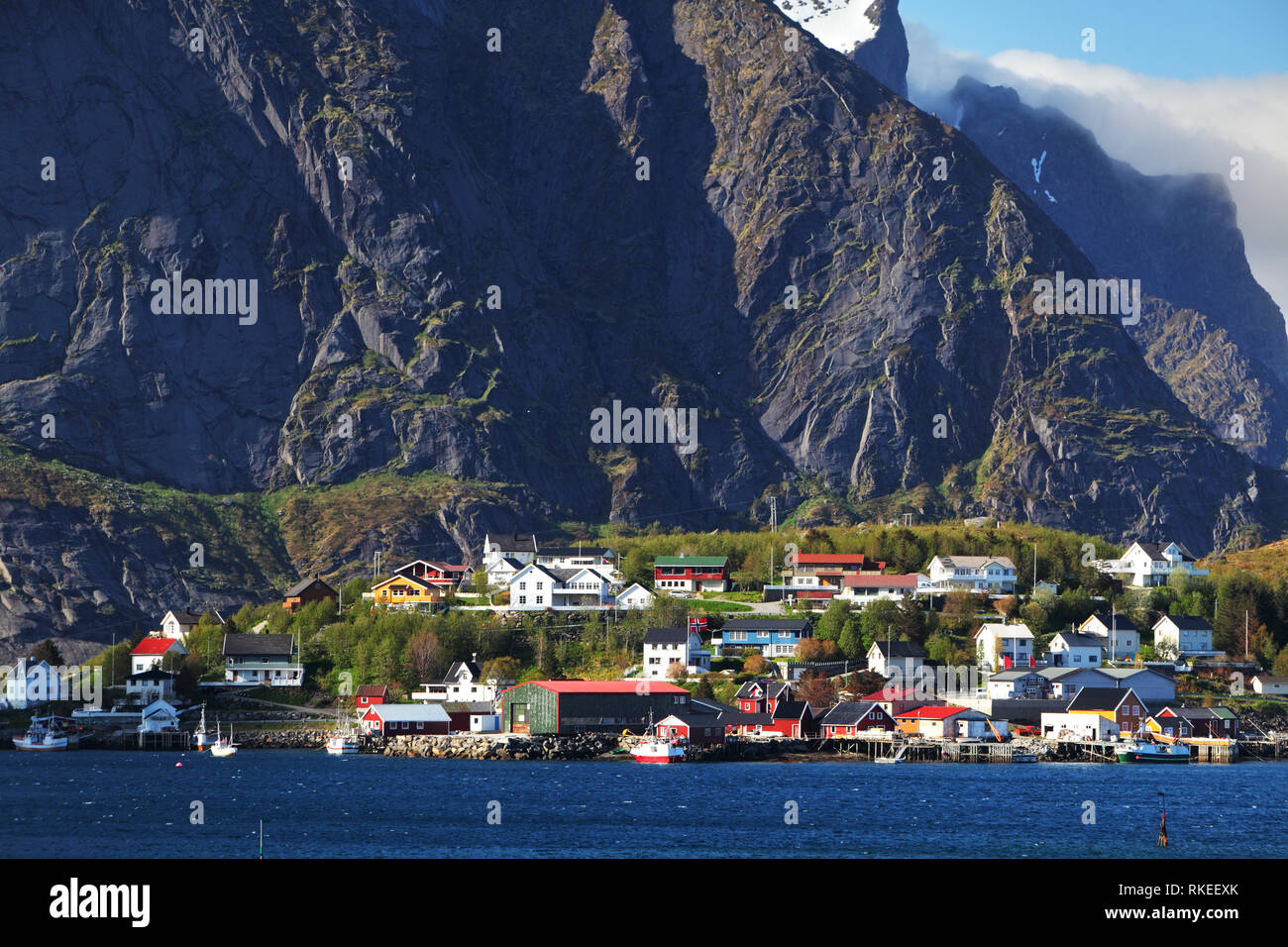 Norwegian fishing village with traditional red rorbu huts, Reine, Lofoten Islands, Norway Stock Photo