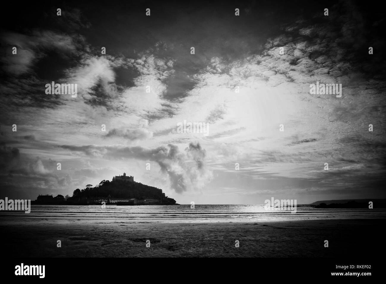 Black and white image of St. Michael's Mount, Cornwall, UK - John Gollop Stock Photo