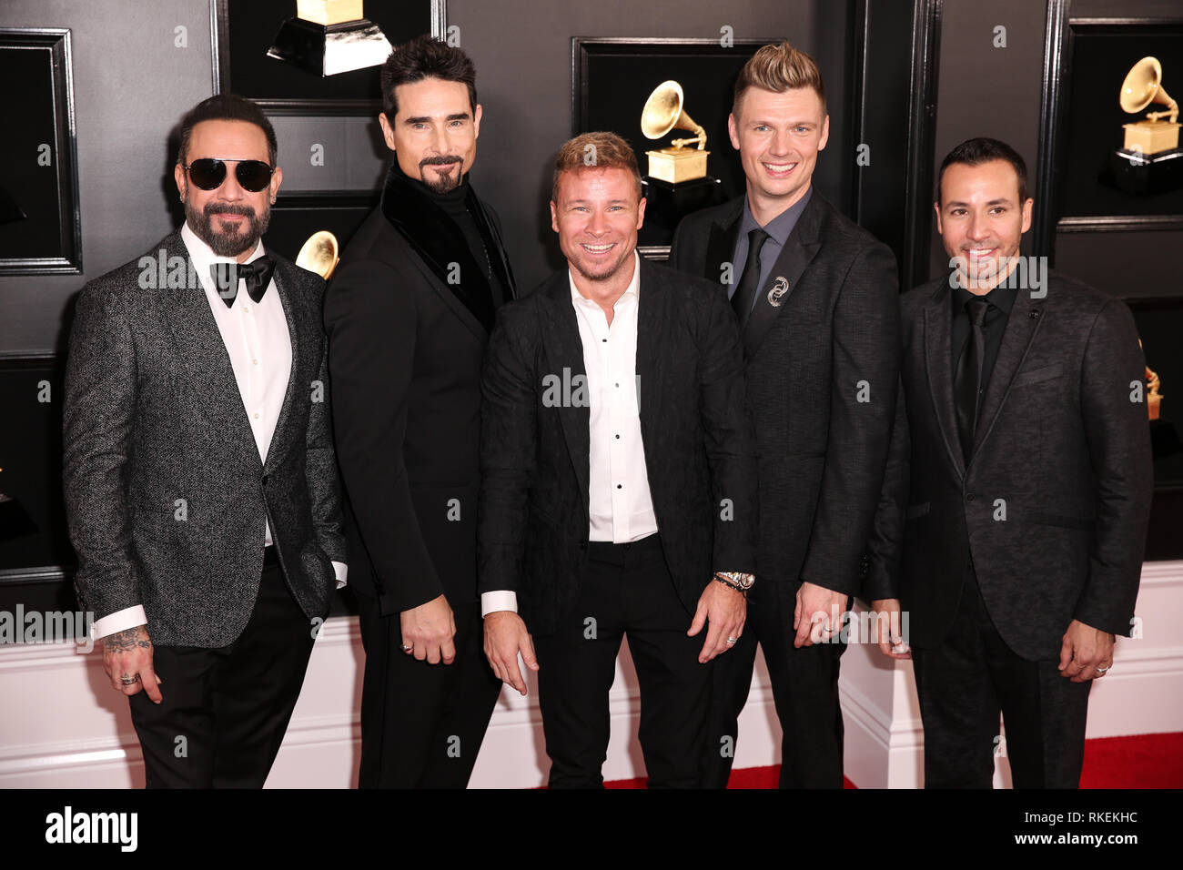 Los Angeles, California, USA. 14th Jan, 2019. February 10, 2019 - Los Angeles, California, U.S. - (L-R) AJ McLean, Kevin Richardson, Brian Littrell, Nick Carter, and Howie Dorough pose upon arrival for The 61st Annual Grammy Awards. Credit: Alexander Seyum/ZUMA Wire/Alamy Live News Stock Photo