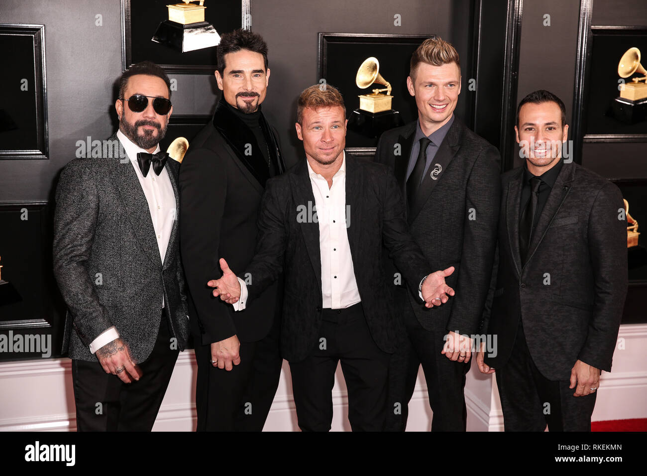 Los Angeles, California, USA. 14th Jan, 2019. February 10, 2019 - Los Angeles, California, U.S. - (L-R) AJ McLean, Kevin Richardson, Brian Littrell, Nick Carter, and Howie Dorough pose upon arrival for The 61st Annual Grammy Awards. Credit: Alexander Seyum/ZUMA Wire/Alamy Live News Stock Photo