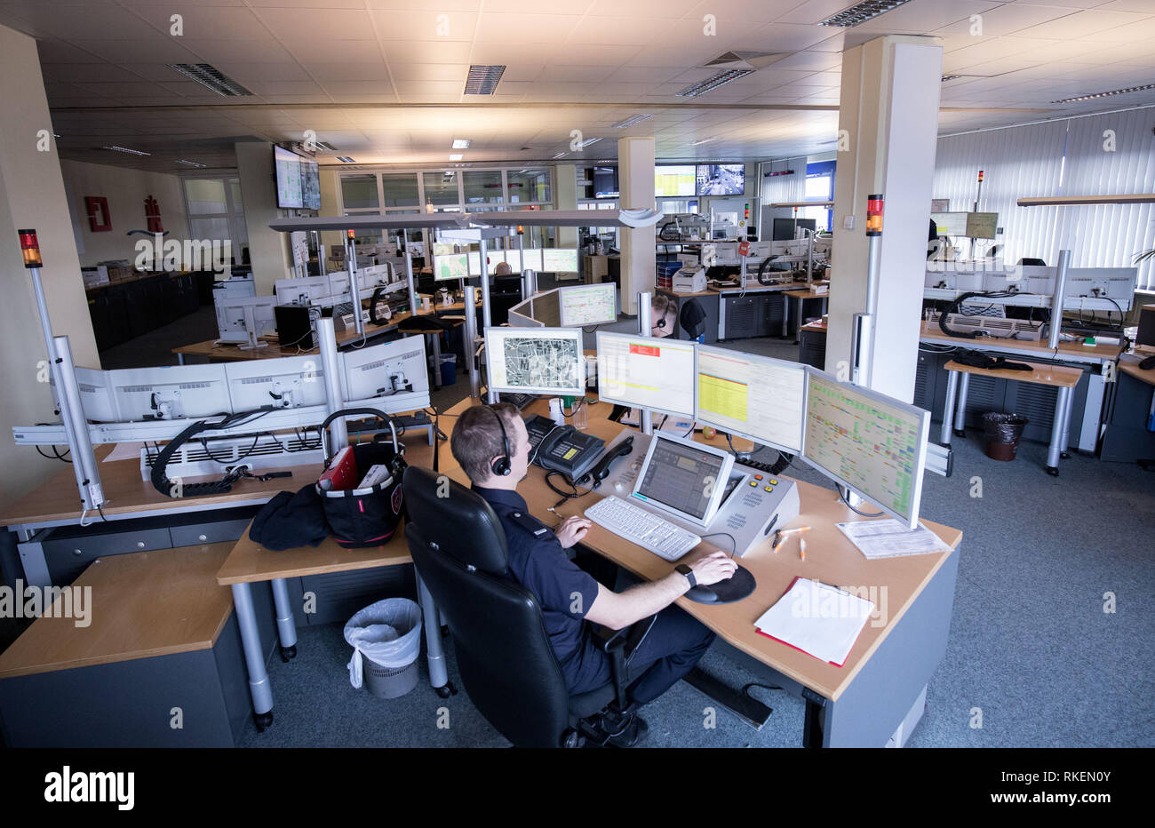 Hamburg, Germany. 11th Feb, 2019. View into the room for the emergency call acceptance in the control centre of the professional fire brigade. The first nationwide 'Twitter storm' takes place on the European Day of Emergency Call, which matches the emergency number 112 on 11 February. Credit: Christian Charisius/dpa/Alamy Live News Stock Photo