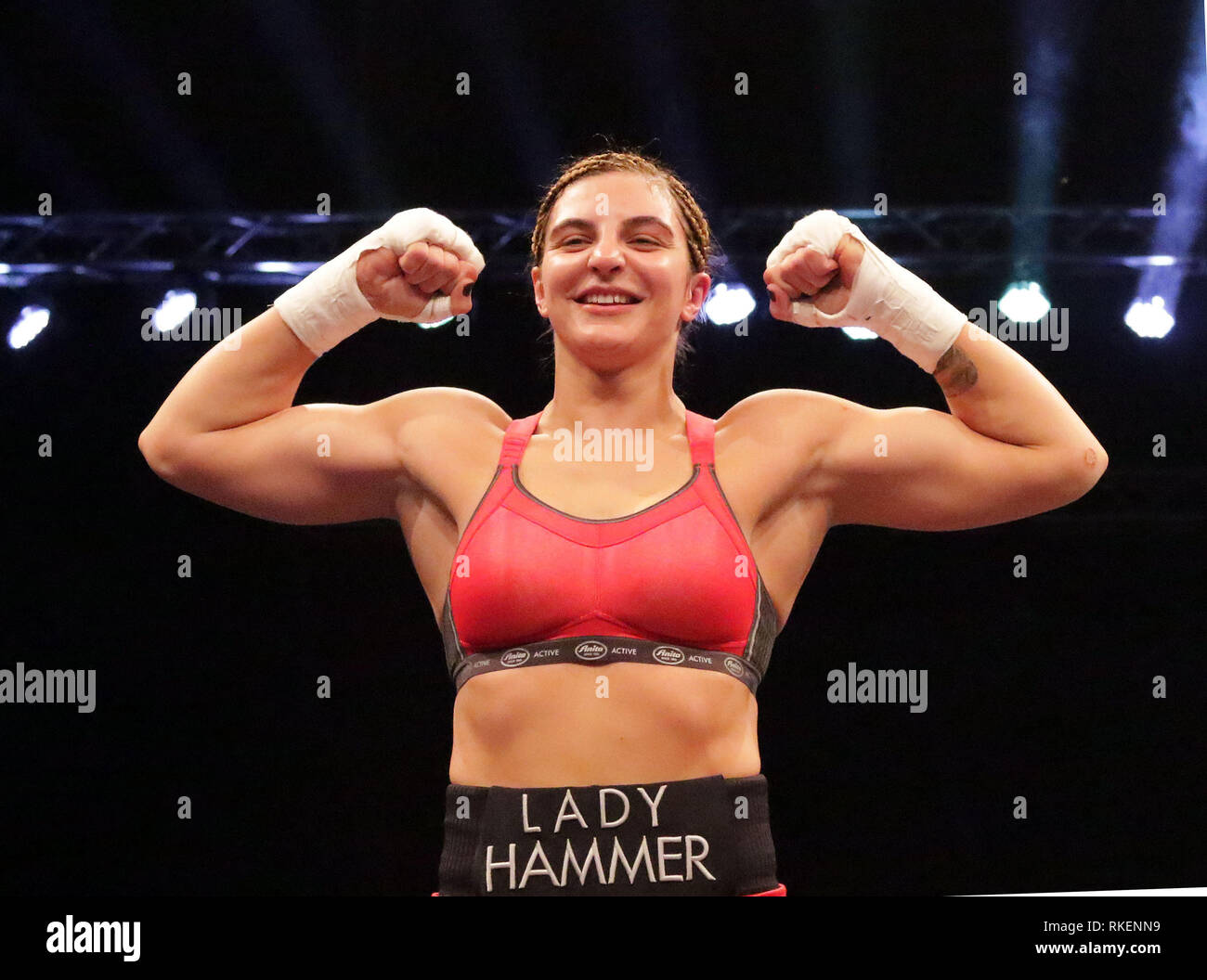 Berlin, Germany. 9th Feb, 2019. Christina HAMMER (GER) celebrates her  victory. World Boxing Council, womans middleweight, .Christina Hammer (GER)  vs Elene Sikmashvili Credit: Wolfgang Fehrmann/ZUMA Wire/Alamy Live News  Stock Photo - Alamy