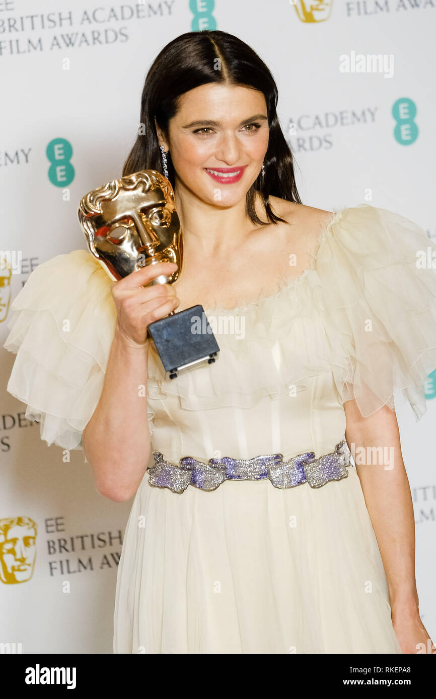 London, UK. 10th Feb, 2019. Rachel Weisz poses backstage at the British Academy Film Awards on Sunday 10 February 2019 at Royal Albert Hall, London. Rachel Weisz with her award for Best Actress in a Supporting Role. Picture by Julie Edwards. Credit: Julie Edwards/Alamy Live News Stock Photo