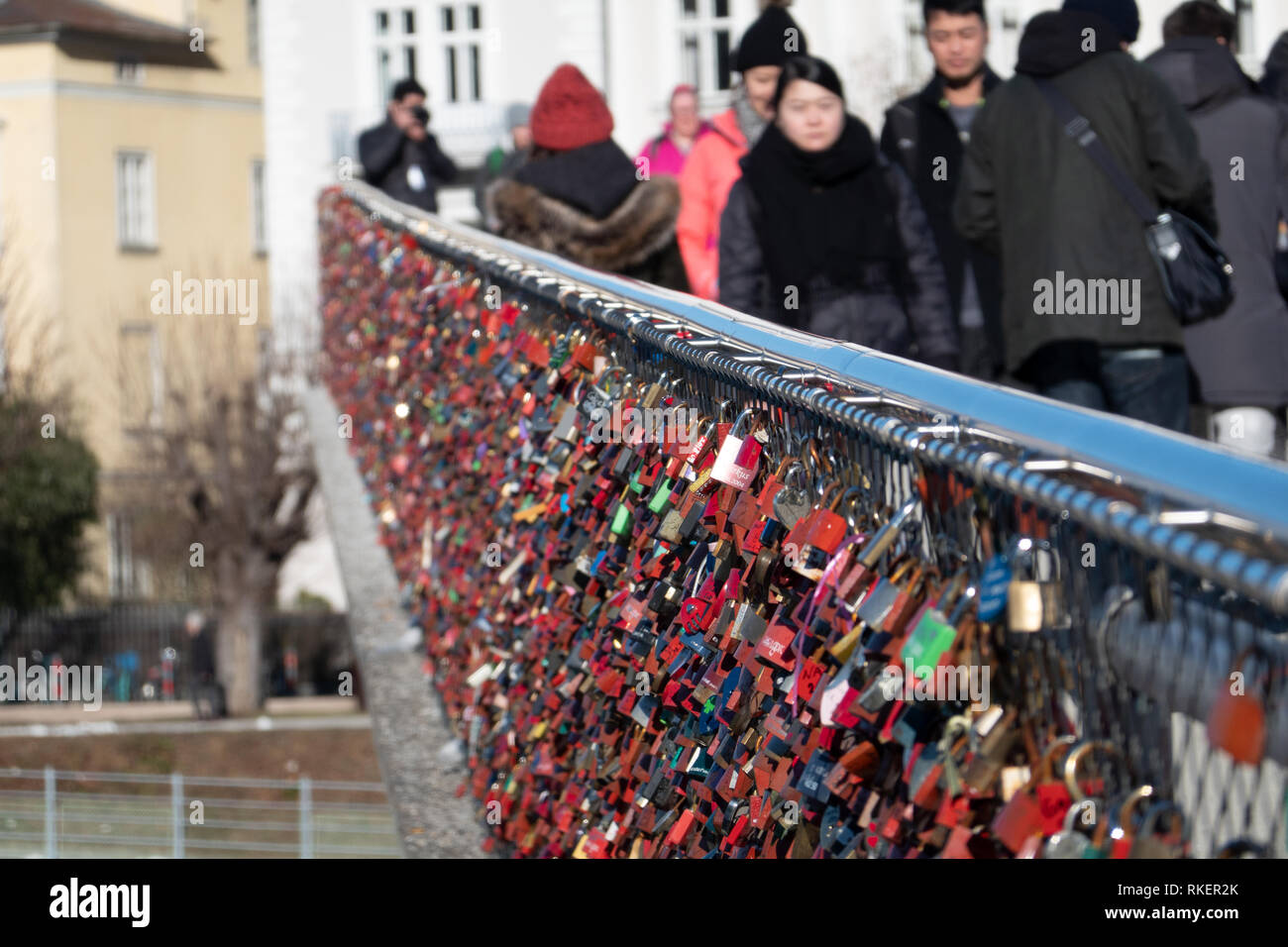 08 February 2019, Austria, Salzburg: The Markartsteg in Salzburg, Austria, is decorated with so-called castles of love. Photo: Ralf Hirschberger/dpa-Zentralbild/ZB Stock Photo