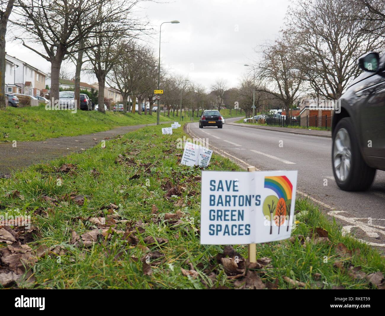 Oxford, UK. 11th Feb 2019. Signs have gone up around the Barton estate in Oxford to promote a meeting on Wednesday 13th Feb against South Oxfordshire District Council's plans to build 1,000 new homes on the Green Belt nearby. Credit: Angela Swann/Alamy Live News Stock Photo