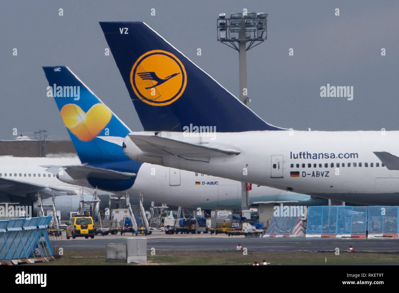 11 February 2019, Hessen, Frankfurt/Main: Logos of the airlines Thomas Cook (l) and Lufthansa can be seen on passenger aircraft at Frankfurt Airport. Photo: Silas Stein/dpa Stock Photo