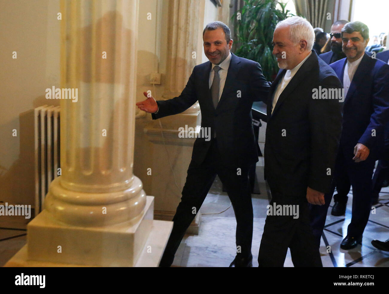 Beirut, Lebanon. 11th Feb, 2019. Lebanese Foreign Minister Gebran Bassil (L) welcomes visiting Iranian Foreign Minister Mohammad Javad Zarif in Beirut, Lebanon, on Feb. 11, 2019. Credit: Bilal Jawich/Xinhua/Alamy Live News Stock Photo