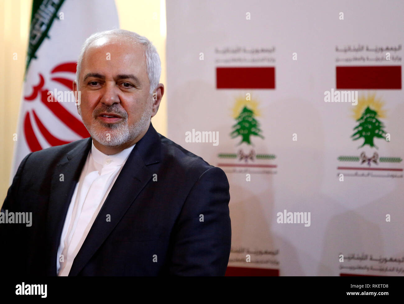 Beirut, Lebanon. 11th Feb, 2019. Visiting Iranian Foreign Minister Mohammad Javad Zarif attends a press conference in Beirut, Lebanon, on Feb. 11, 2019. Credit: Bilal Jawich/Xinhua/Alamy Live News Stock Photo