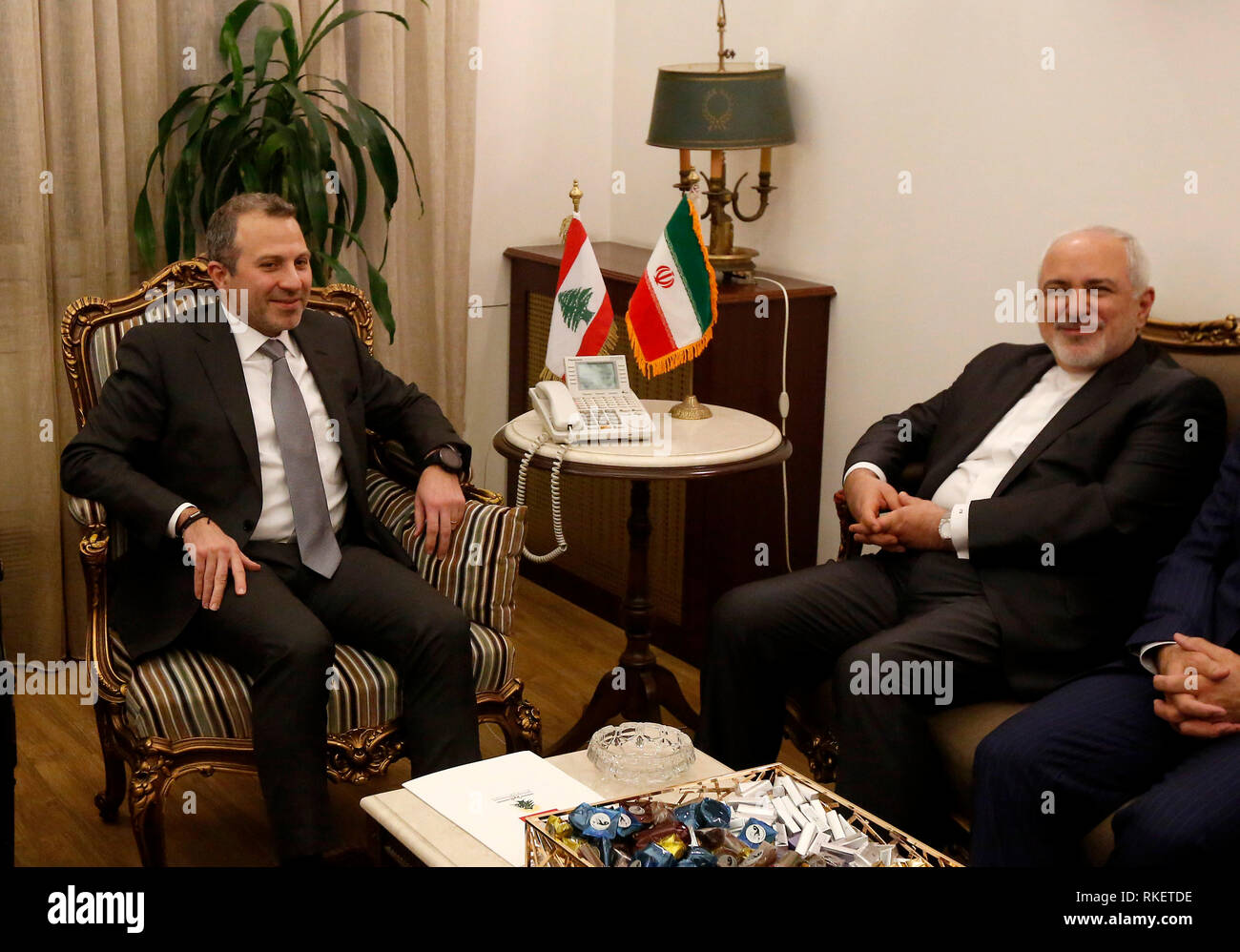 Beirut, Lebanon. 11th Feb, 2019. Lebanese Foreign Minister Gebran Bassil (L) holds talks with visiting Iranian Foreign Minister Mohammad Javad Zarif in Beirut, Lebanon, on Feb. 11, 2019. Credit: Bilal Jawich/Xinhua/Alamy Live News Stock Photo