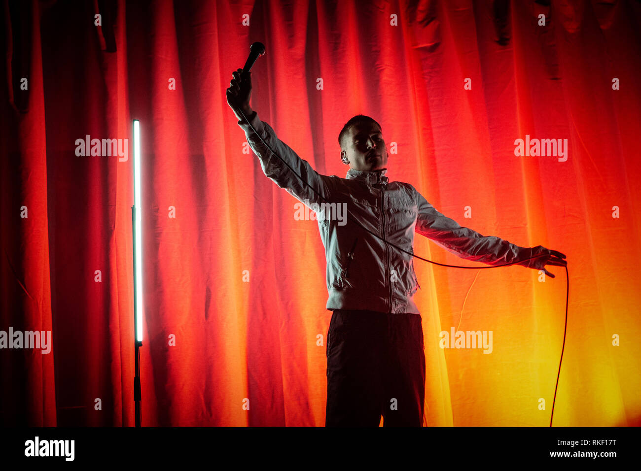 Denmark, Copenhagen - February 09, 2019. The Danish synthpop duo Gents  performs a live concert at VEGA in Copenhagen. Here singer Niels Fejrskov  Juhl is seen live on stage. (Photo credit: Gonzales