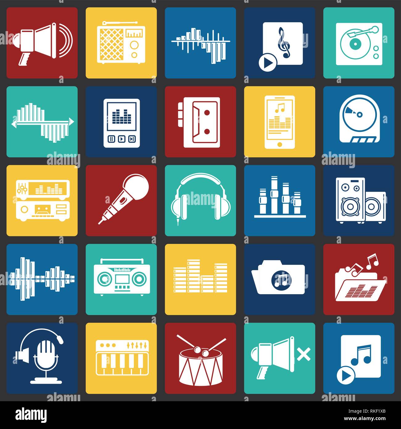 Music and sound icons set on color squares background for graphic and ...