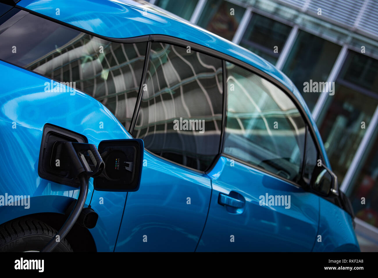 Power supply for electric car charging. Electric car charging station. Close up of the power