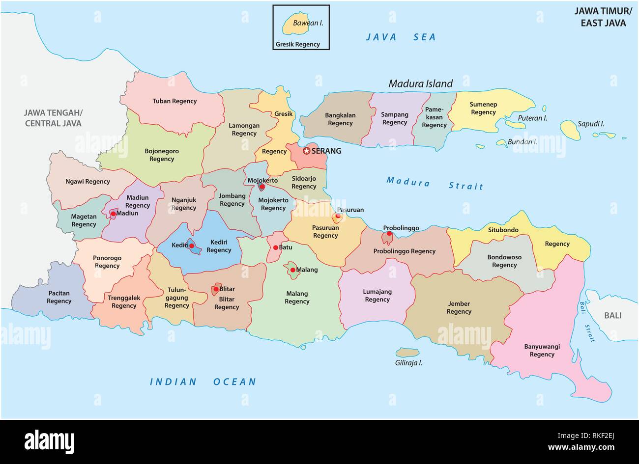 Jawa Timur, East Java administrative and political vector map, Indonesia Stock Vector