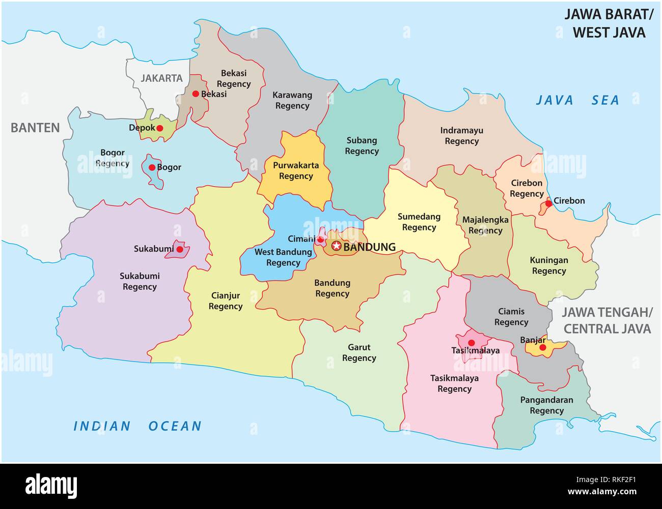 Jawa Barat, West Java administrative and political vector map, Indonesia Stock Vector