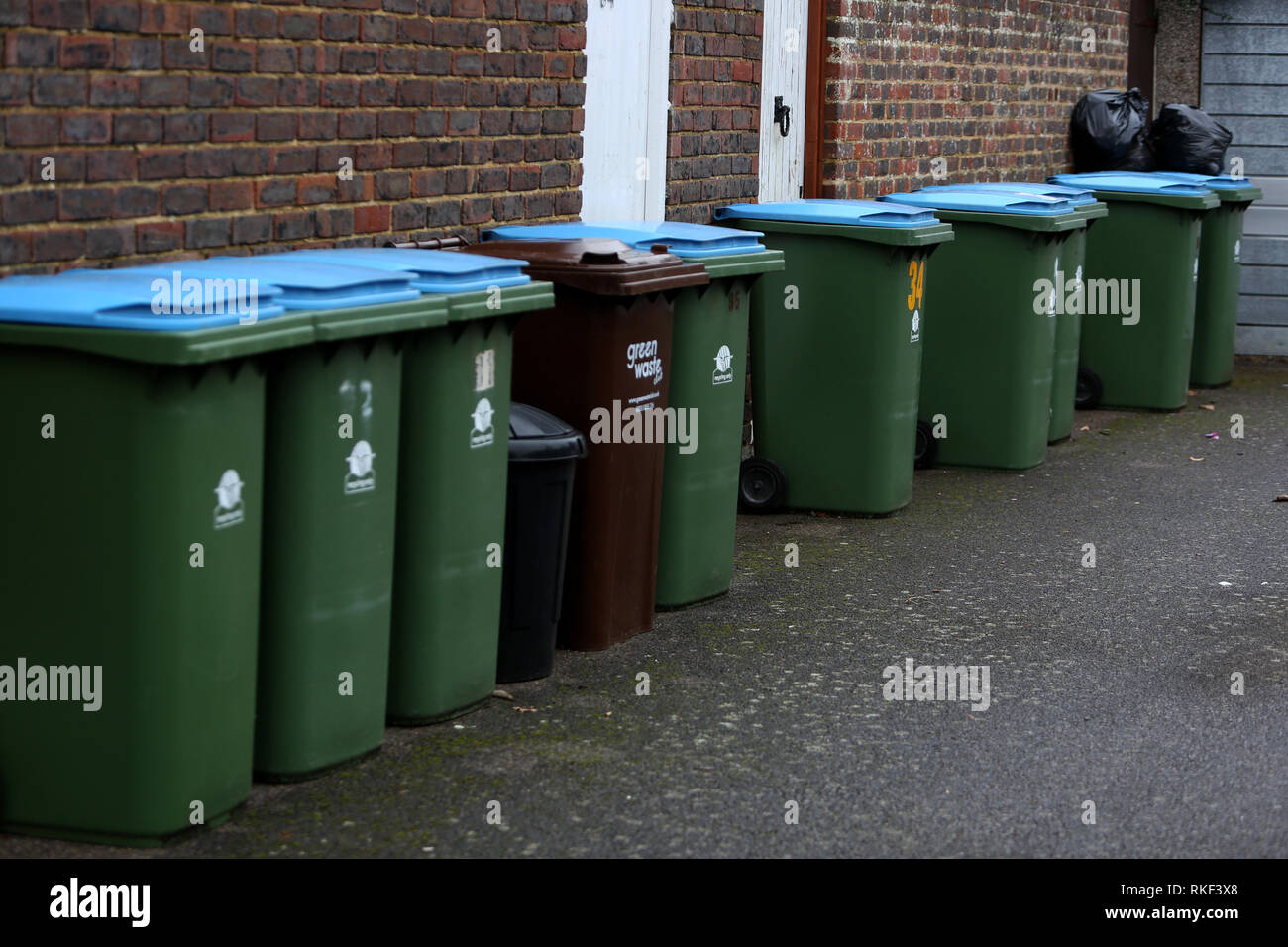General view of some domestic bins in a street in Bognor Regis, West