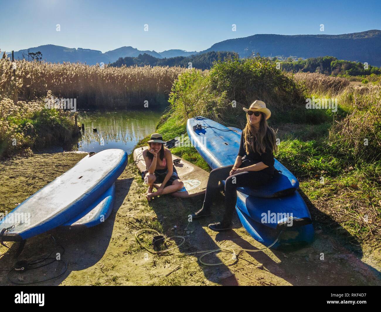Stand up Paddle Surf (SUP) in Urdaibai Estuary. Urdaibai Biosphere Reserve. Biscay, Basque Country, Spain. Stock Photo