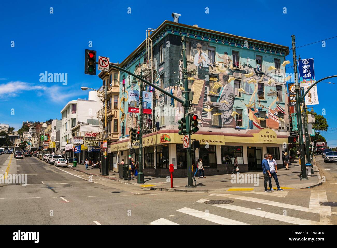 Intersection between Broadway and Columbus avenue. Little Italy. North Beach neighbourhood. San Francisco. California, USA Stock Photo