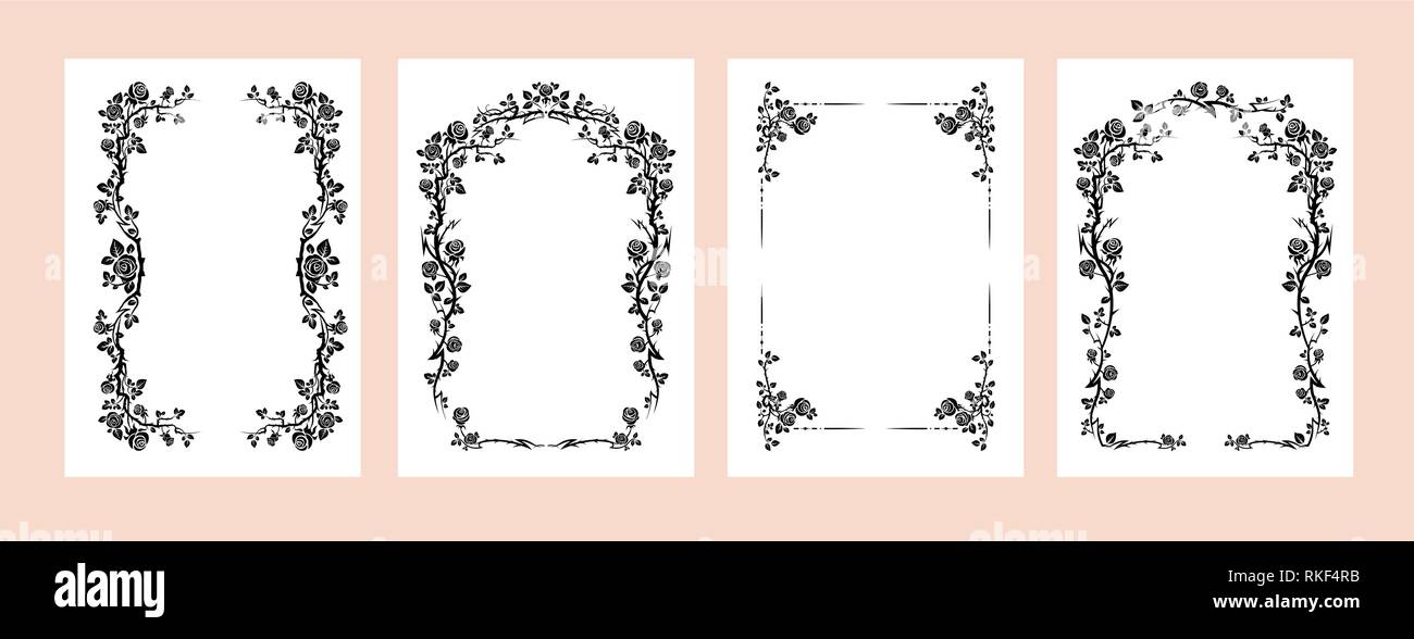 Black elegant frames set of roses for holiday design wedding, anniversary, party, birthday. For invitation, ticket, leaflet, banner, poster and tattoo. Fairy flourish design elements Stock Vector