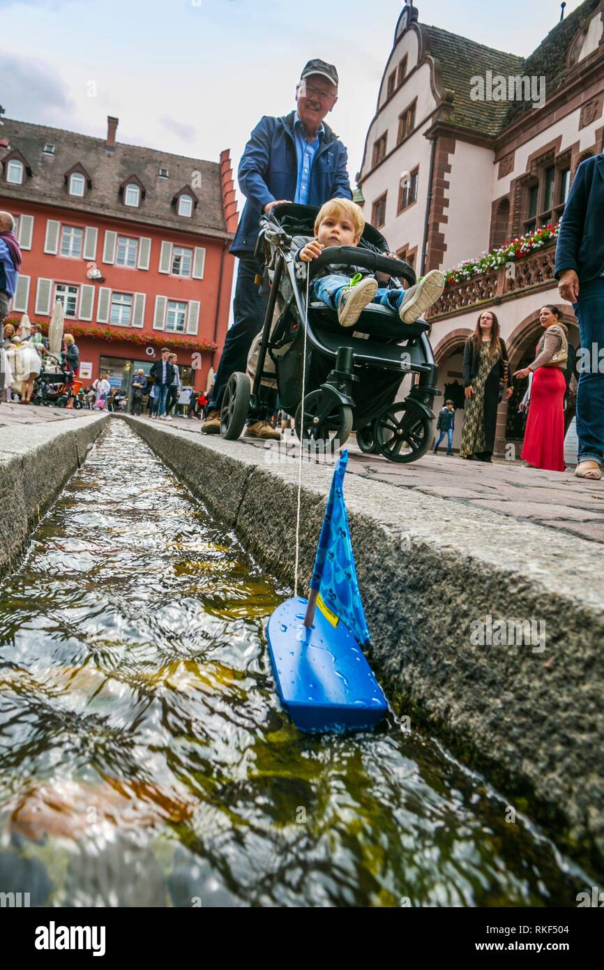 The Freiburg Bächle. Small canals. Rathaus Platz. Historial old town.  Freiburg. Freiburg im Breisgau. Black Forest. Baden Wurttemberg. Germany  Stock Photo - Alamy