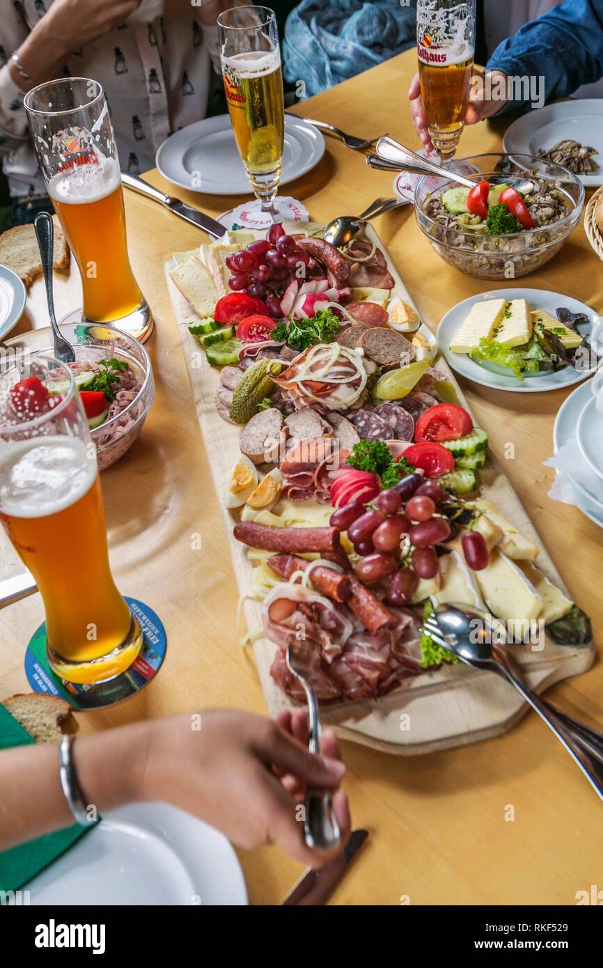 Wurstsalat. Meat salad or Sasage salad. Salad almost entirely made up of delicious cold meats. A variety of cold cuts or sausages are sliced and then Stock Photo