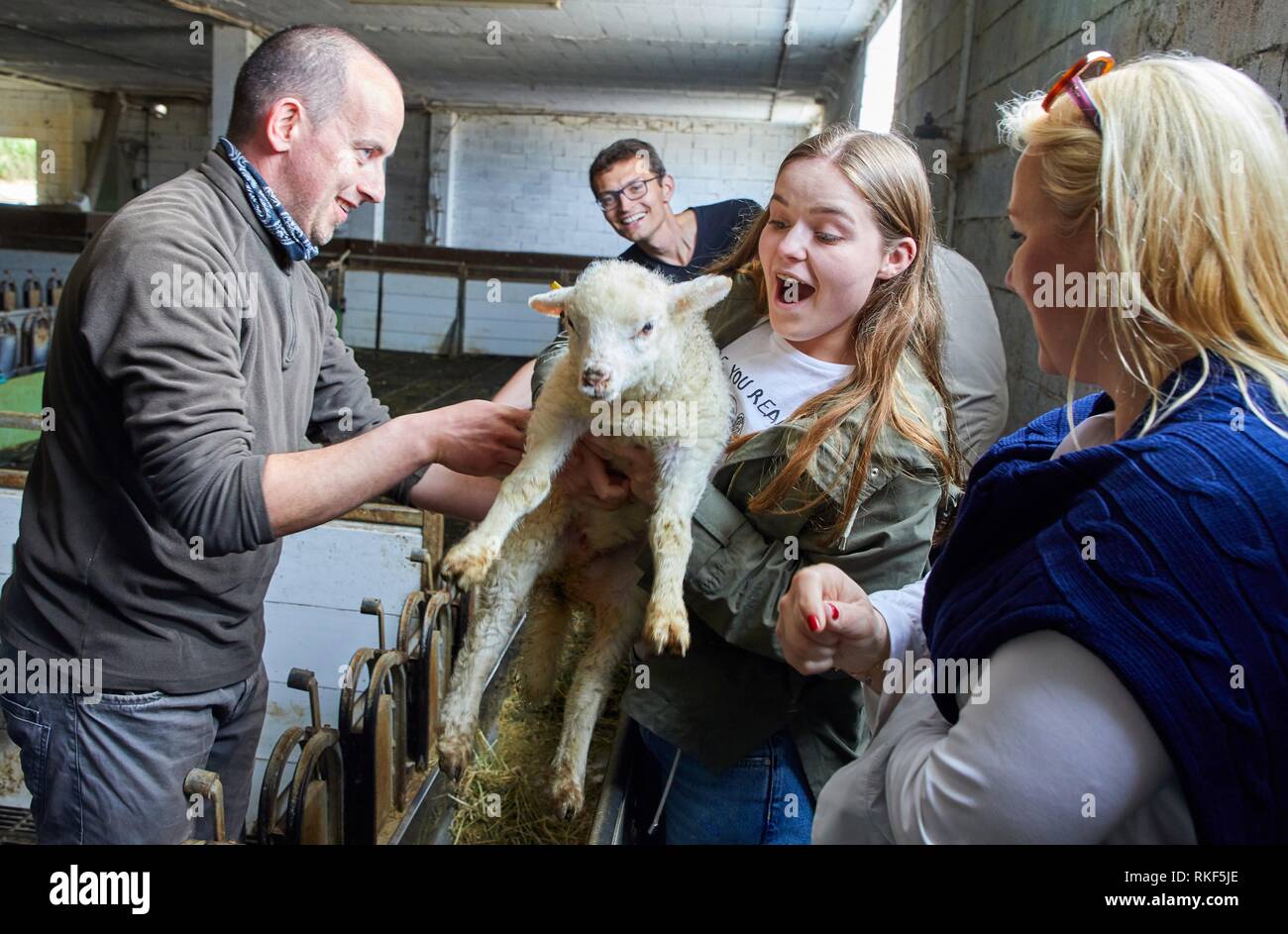 Tour guide with group, Girl with lamb, Caserio Mausitxa, Elgoibar, Gipuzkoa, Basque Country, Spain, Europe Stock Photo