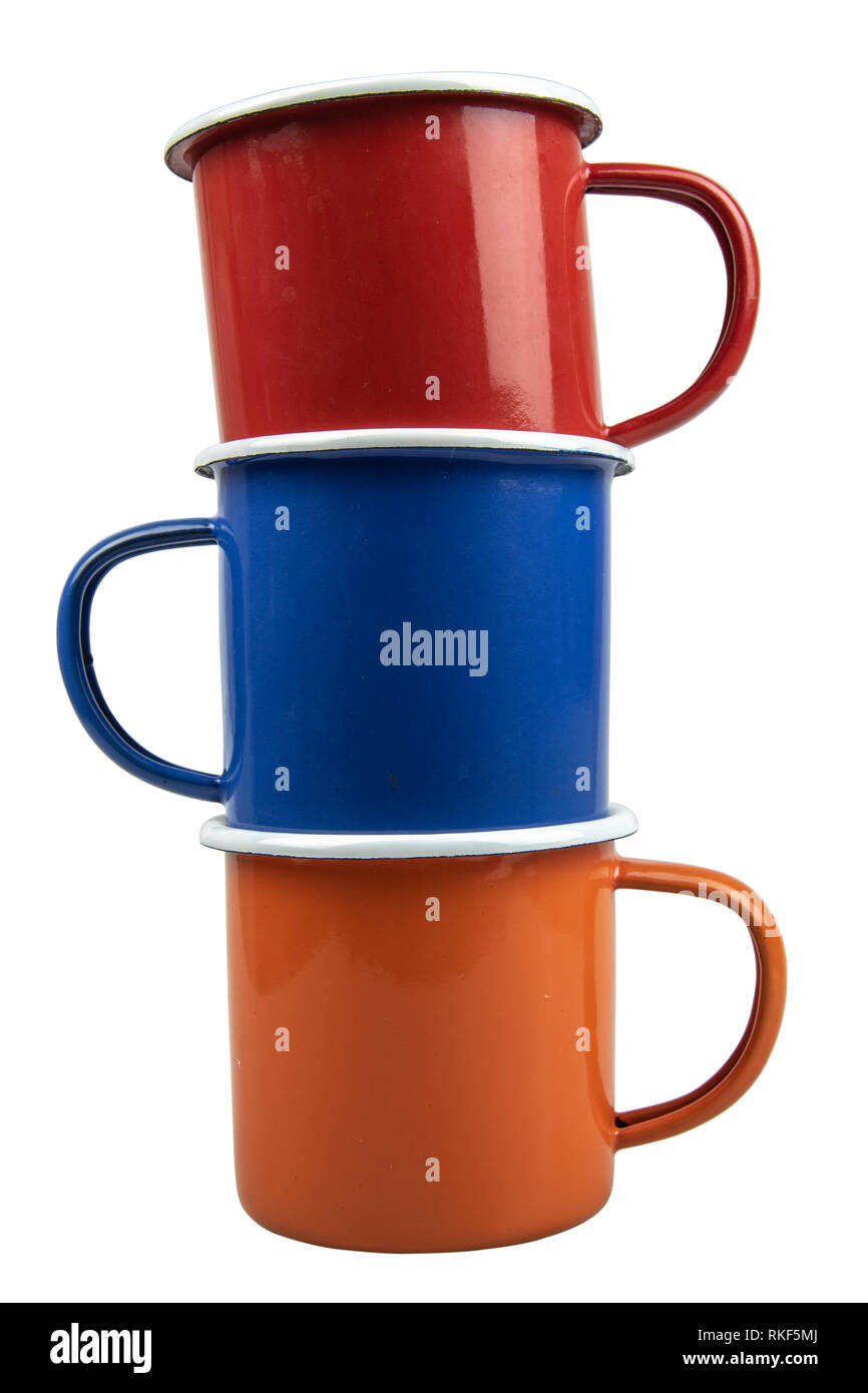 Stack of many colours tin cup isolate on white background Stock Photo