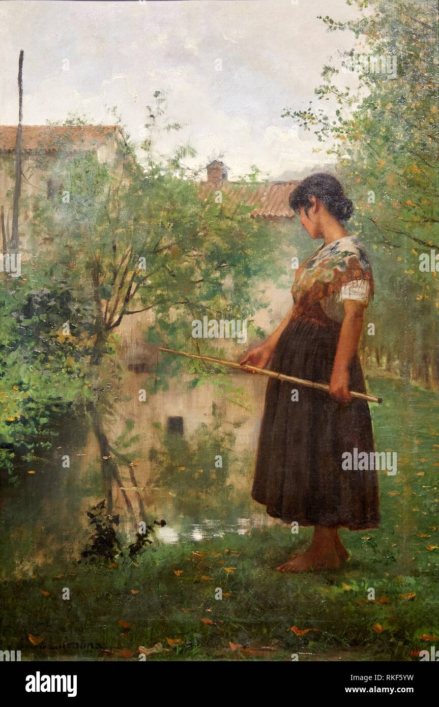 '''Girl Fishing'', c. 1890, Joan Llimona, National Museum of Catalan Art, Museu Nacional d Art de Catalunya, MNAC, Barcelona, Spain, Europe Stock Photo