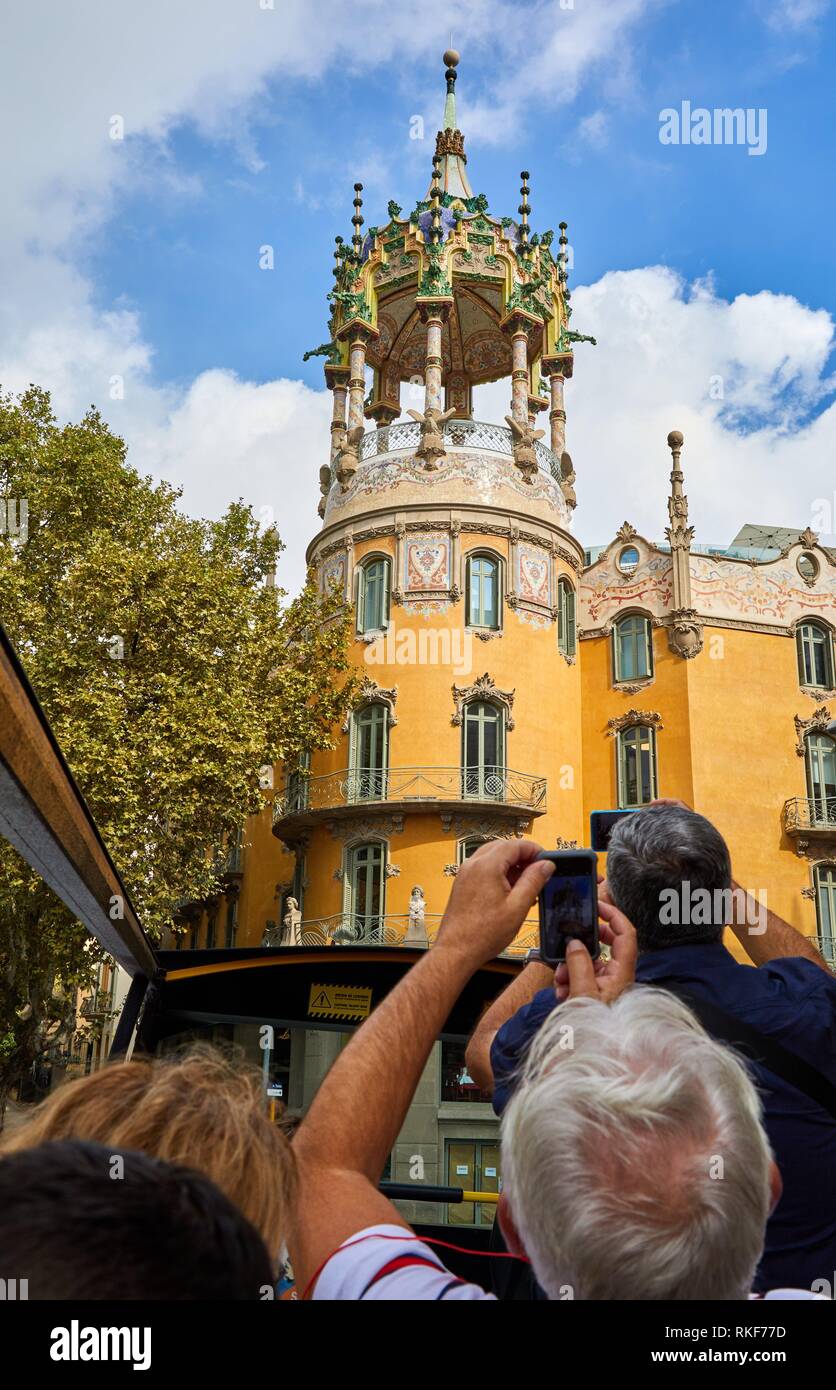 Tourists on bus making City Tour, Torre Andreu ''La Rotonda'', Barcelona, Catalunya, Spain, Europe Stock Photo