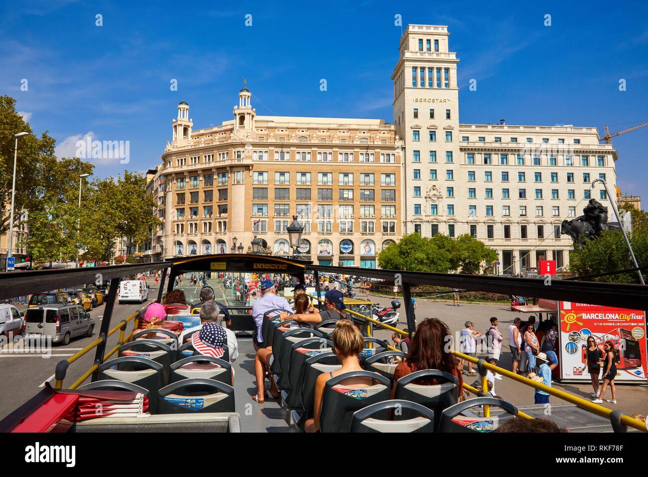 Tourists on bus making City Tour, Plaça de Catalunya, Barcelona, Catalunya, Spain, Europe Stock Photo