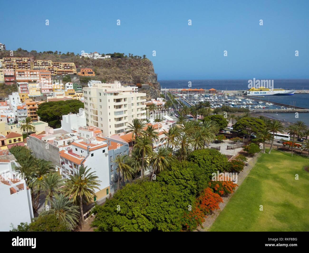 Aerial view of San Sebastian de la Gomera cityscape and harbor in La Gomera, Canary island