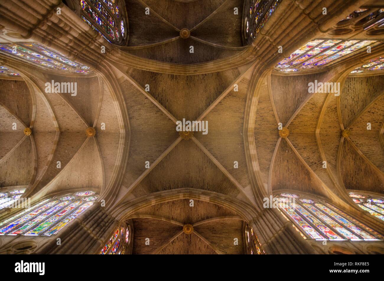 Interior of famous Leon gothic cathedral with light mood atmosphere in Leon, Spain. Stock Photo