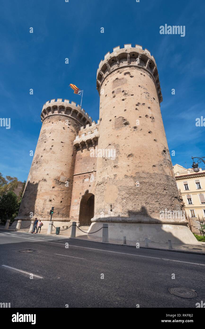 Tourist visiting famous landmark Quart gate in Valencia, Spain Stock