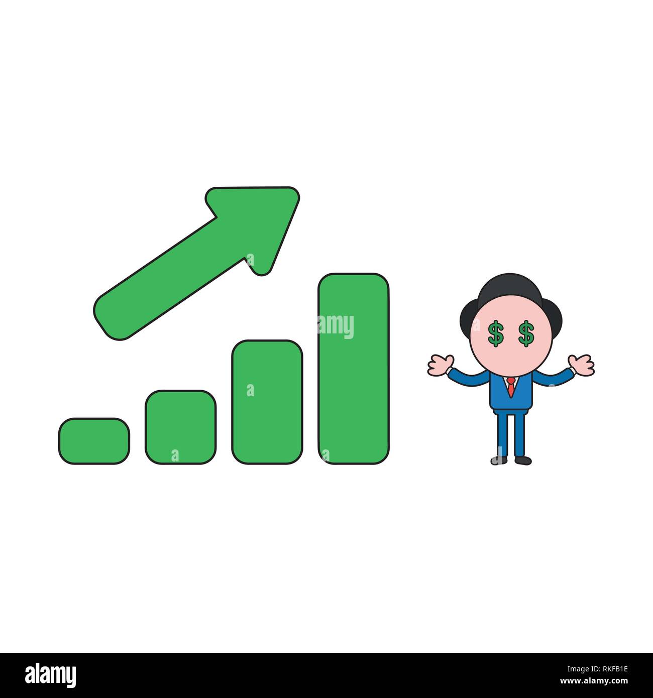 Vector illustration businessman character with dollar money eyes and sales bar graph moving up. Color and black outlines. Stock Vector