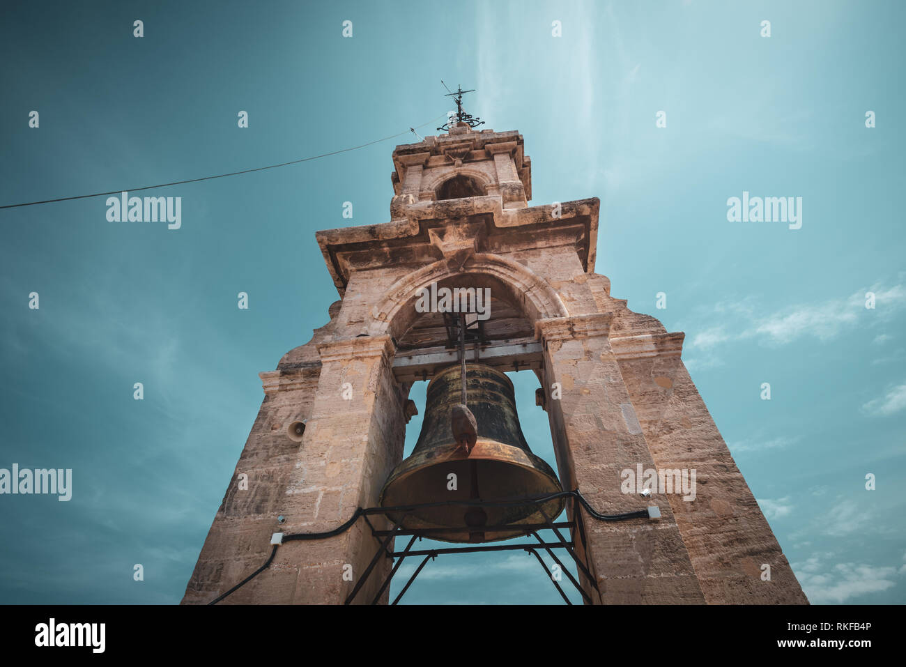 The large bell at the top of the El Miguelete, the bell tower of the Valencia Cathedral, in Valencia, Spain. Stock Photo