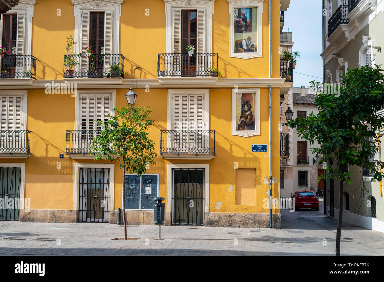A brightly coloured building in the Old Town of Valencia, Spain. Stock Photo