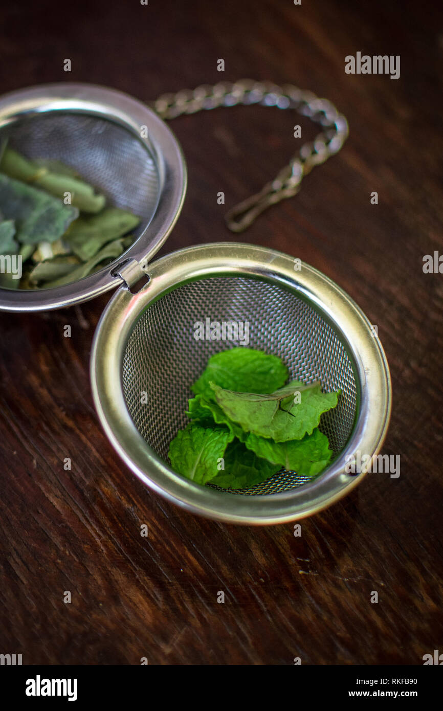 Metal tea infuser with dried leaves of green tea and fresh mint on a dark brown wooden background Stock Photo