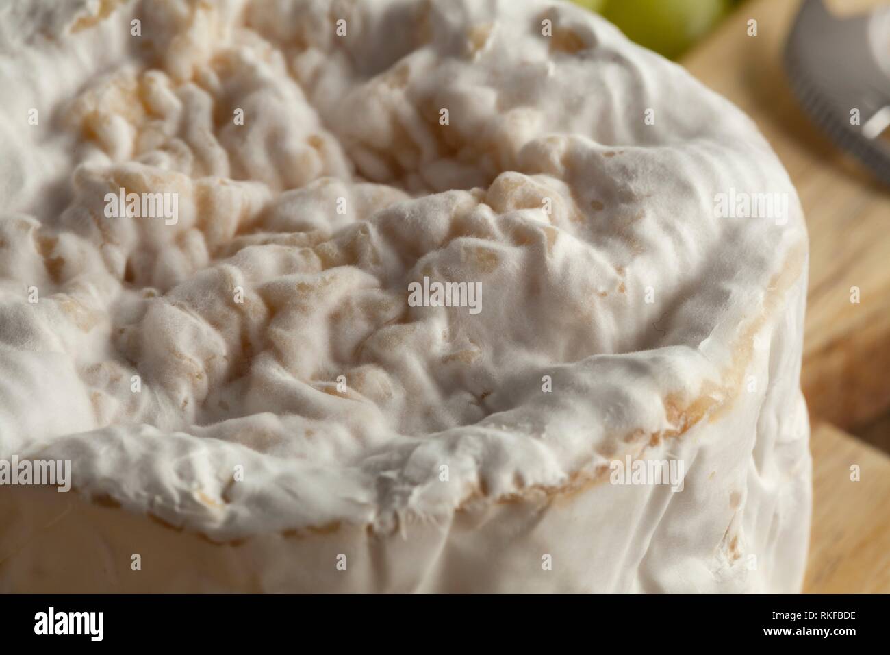 Small camembert cheese close up on a cheese board. Stock Photo