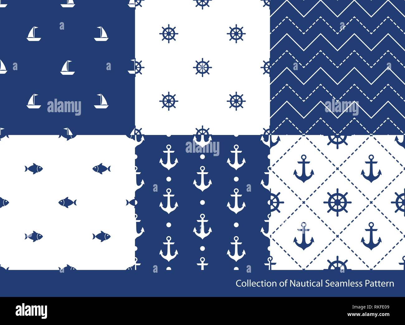 Seamless pattern set. Nautical elements collection Stock Vector