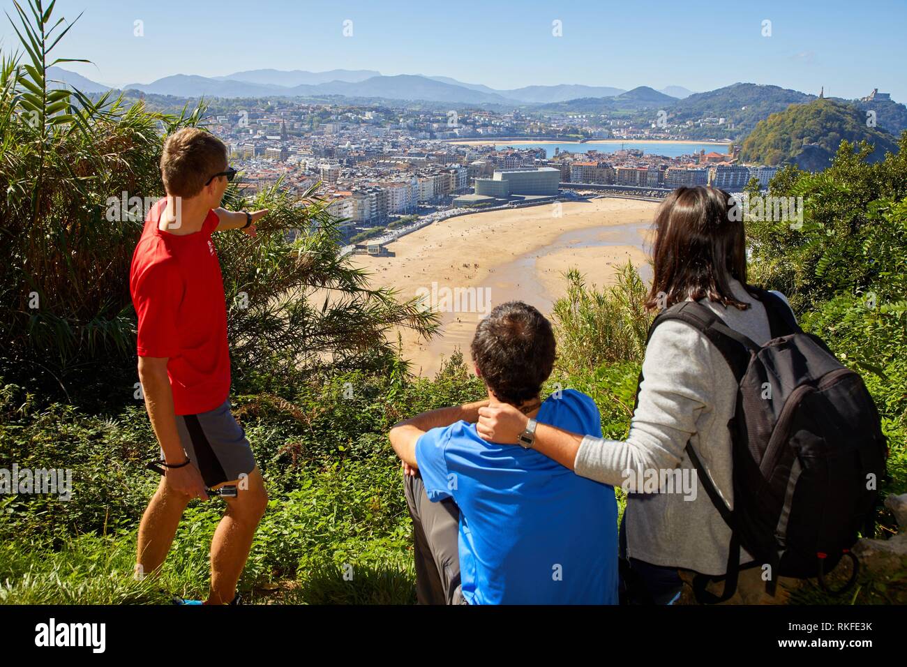 Group of tourists and guide making a tour, Mirador del Monte Ulia, Donostia, San Sebastian, Gipuzkoa, Basque Country, Spain, Europe Stock Photo