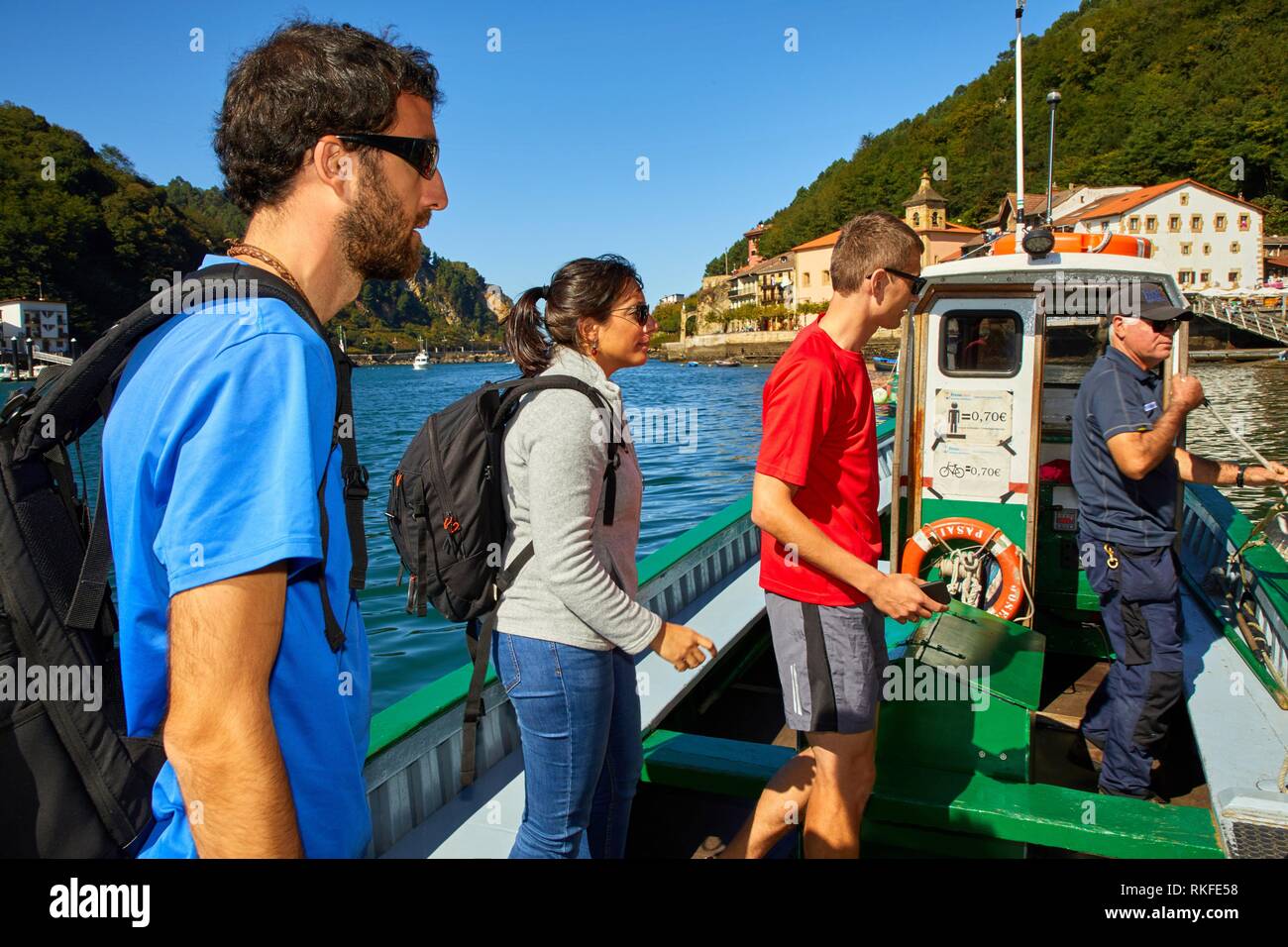 Group of tourists and guide, Boat tour, Pasai Donibane, Pasajes de San Juan, Gipuzkoa, Basque Country, Spain, Europe Stock Photo