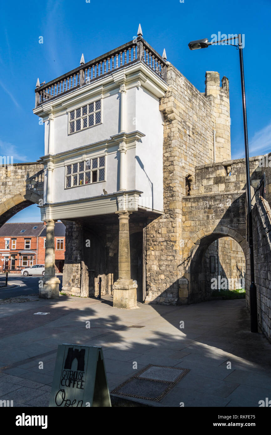 Walmgate Bar and barbican,12th16th. century city gate, now Gatehouse Coffee bar, York, England