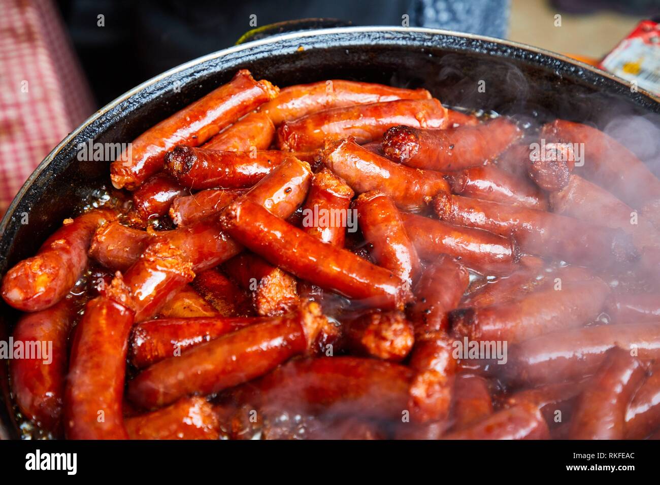 Txistorra, Fried sausage, Feria de Santo Tomás, The feast of St. Thomas takes place on December 21. During this day San Sebastián is transformed into Stock Photo