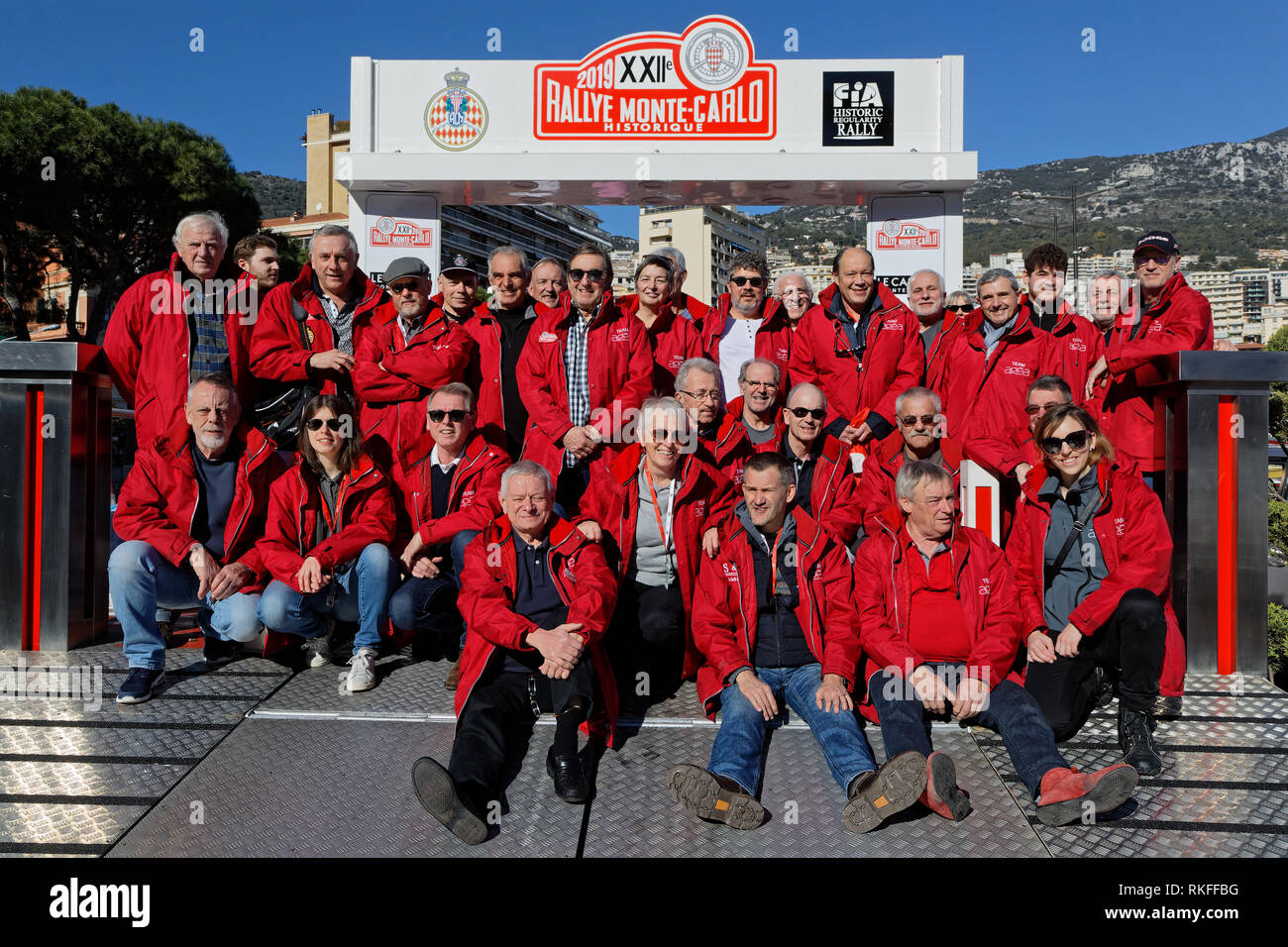 MONACO, FRANCE, February 6, 2019 : Team on the podium. Rallye Historique is reserved to those cars which have participated in the Rallye Monte-Carlo b Stock Photo