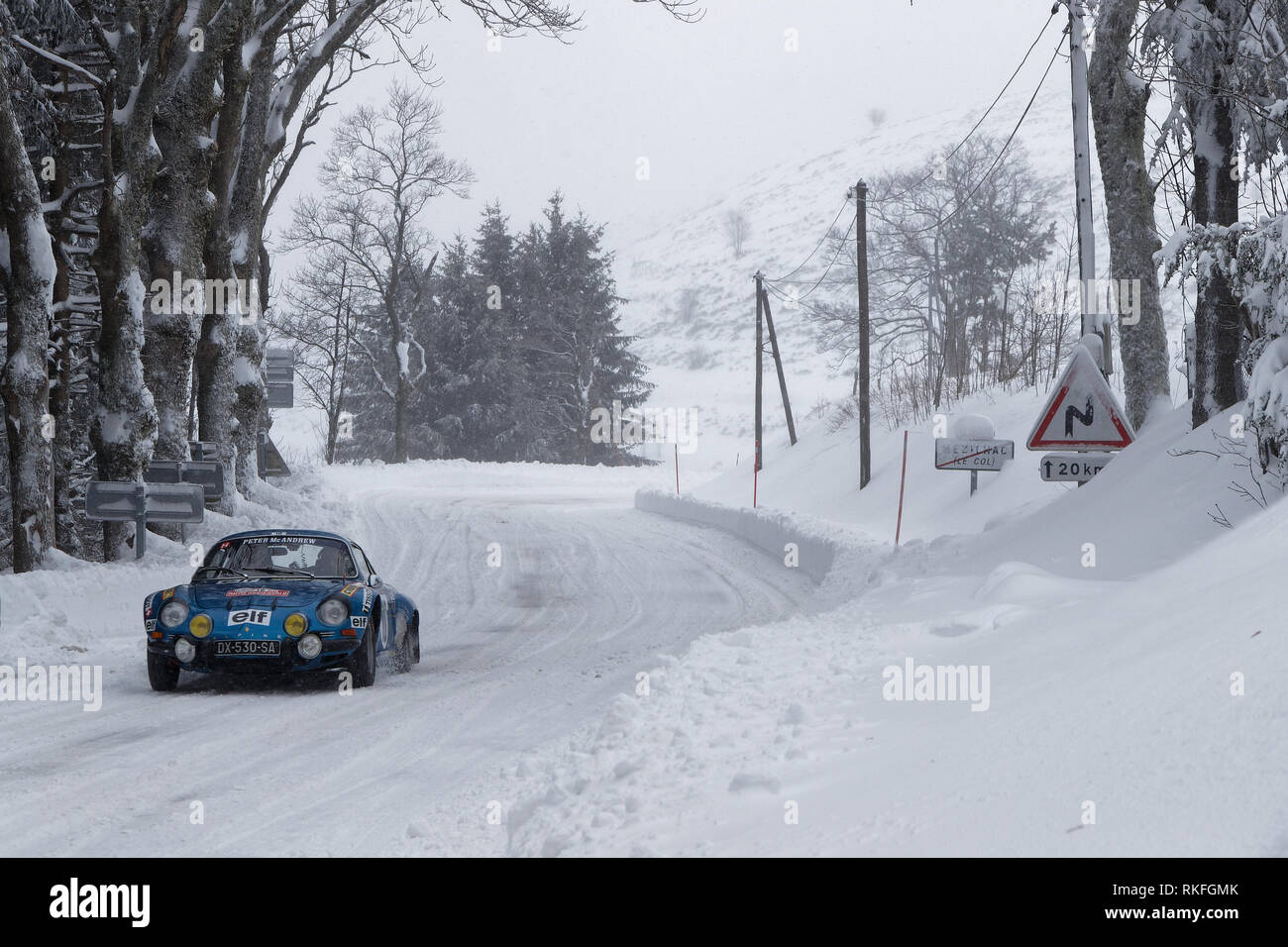 MEZILHAC, FRANCE, February 3, 2019 : Competitors facing the snow on Ardeche roads. Rallye Historique is reserved to those cars which have participated Stock Photo