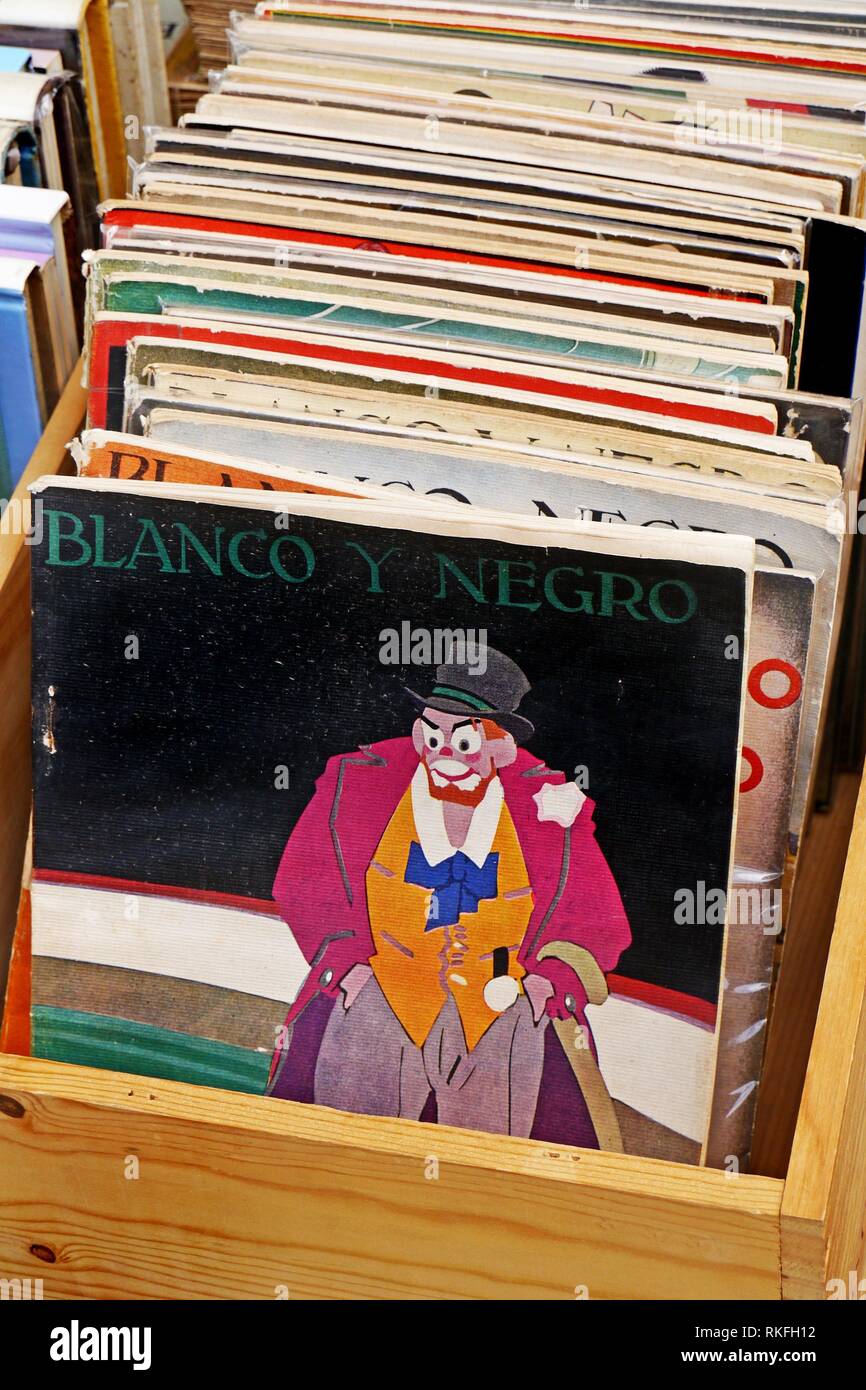 An old Spanish racist magazine Blanco Y Negro for sale at a flea market in Pezenas, France. Stock Photo