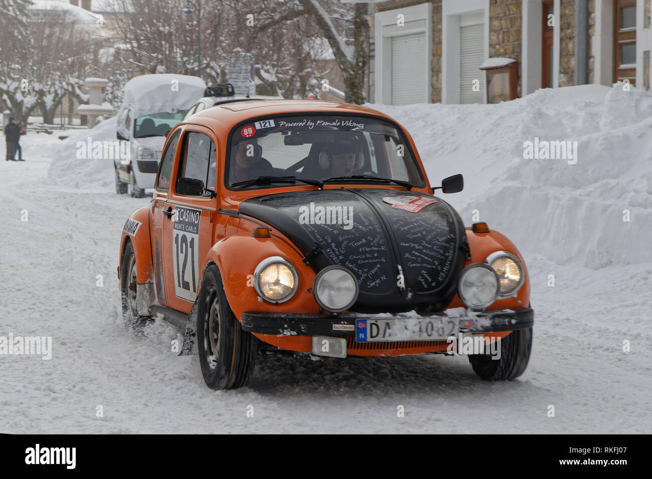 VASSIEUX, FRANCE, February 4, 2019 : Rally trough the village in winter. Rallye Historique is reserved to those cars which have participated in the Ra Stock Photo