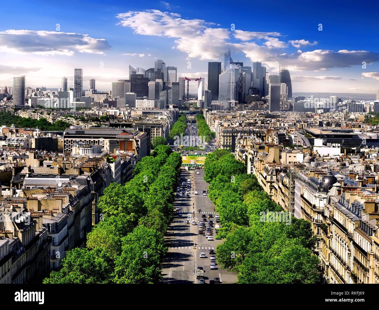 View on avenue de la Grande Armee and modern district la Defence from Arc de Triomphe in Paris, France. Stock Photo