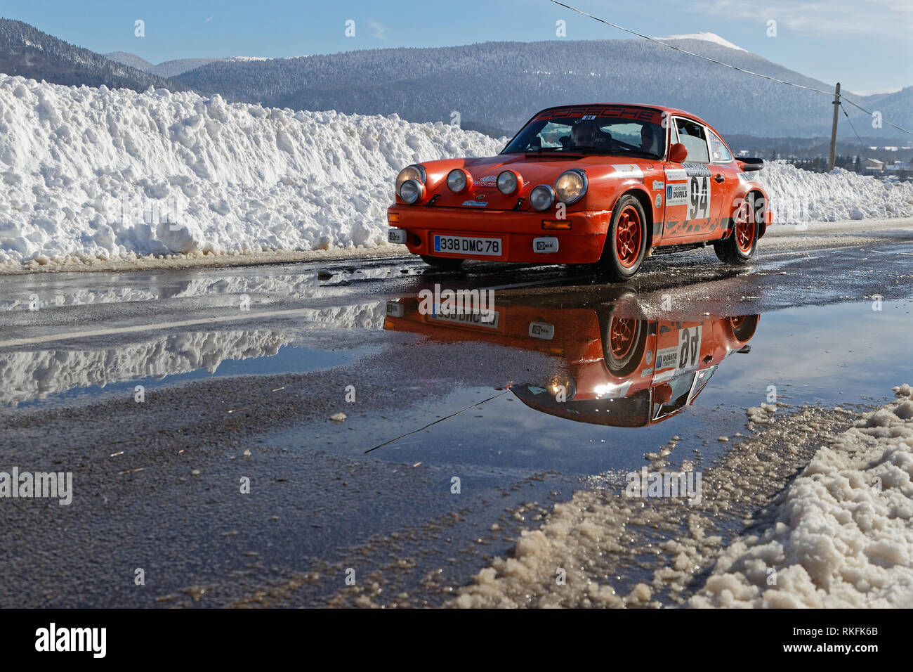 VASSIEUX, FRANCE, February 4, 2019 : Winter rally on the Vercors Roads. Rallye Historique is reserved to those cars which have participated in the Ral Stock Photo
